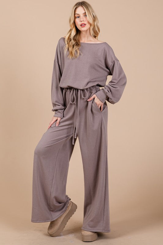 Ces Femme Boat Neck Long Sleeve Drawstring Jumpsuit - Brittney MADE