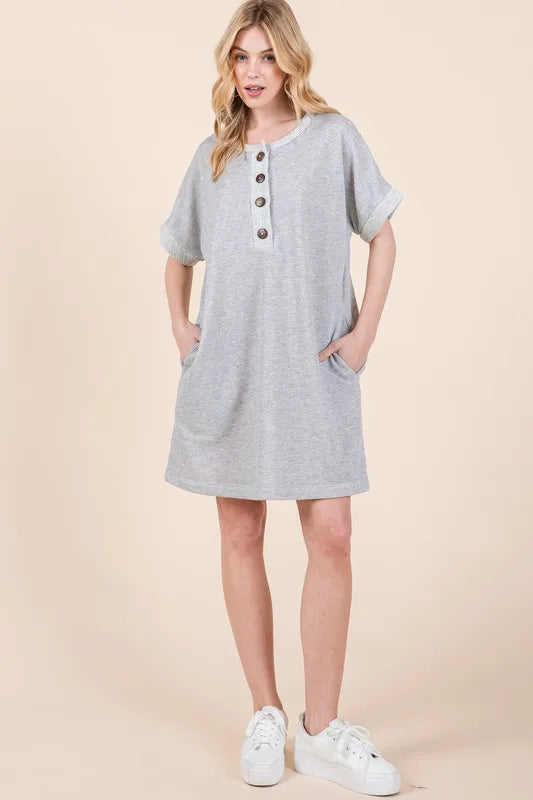 BOMBOM Casual Contrast Trim Henley Dress - Brittney MADE