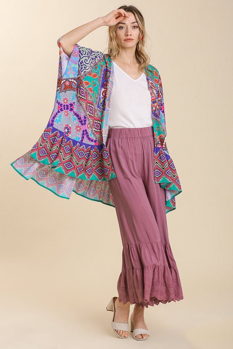 Umgee Full Size Mixed Print Ruffle Hem Open Front Cover Up Plus Size - Brittney MADE