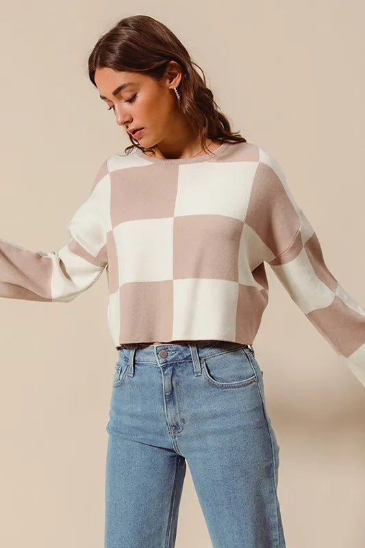 SO ME Checkered Crop Sweater with Bell Sleeves - Brittney MADE