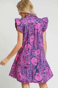 Umgee Full Size Printed Ruffle Cap Sleeve Babydoll Dress Plus Size - Brittney MADE