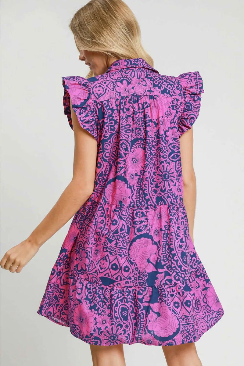 Umgee Full Size Printed Ruffle Cap Sleeve Babydoll Dress Plus Size - Brittney MADE