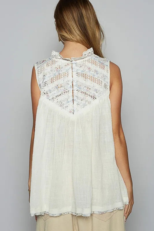 POL Lace Detail Floral Sleeveless Rayon Gauze Top - Brittney MADE
