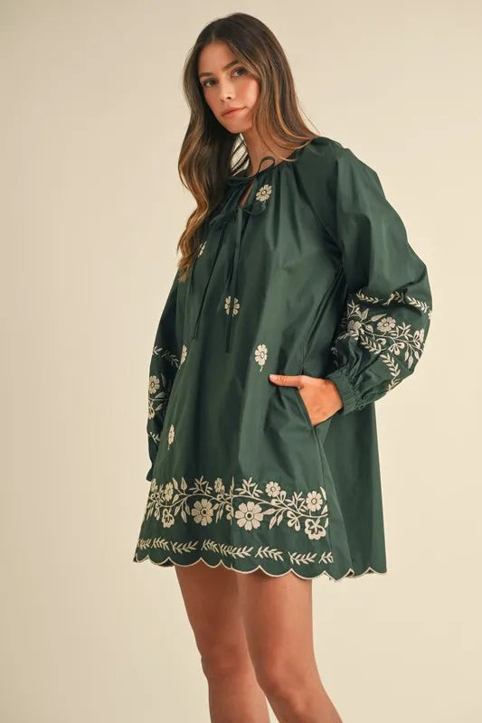 MABLE Embroidered Long Sleeve Peasant Mini Dress - Brittney MADE