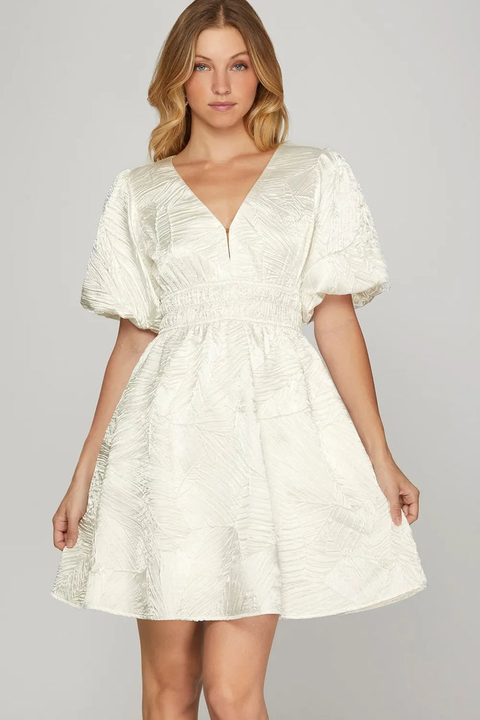 She + Sky Crinkle Woven V-Neck Balloon Sleeve Mini Dress - Brittney MADE