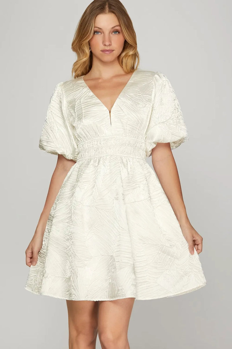 She + Sky Crinkle Woven V-Neck Balloon Sleeve Mini Dress - Brittney MADE
