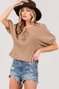 SAGE+FIG Lace-Up Waffle Knit Crop Top - Brittney MADE