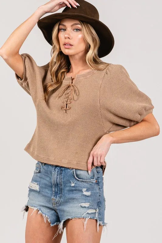 SAGE+FIG Lace-Up Waffle Knit Crop Top - Brittney MADE