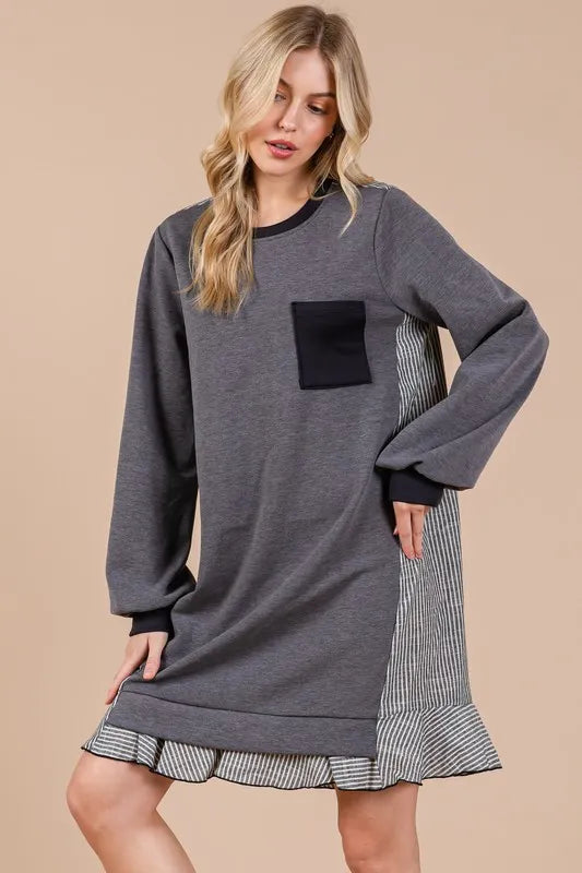 Ces Femme Striped Patchwork Round Neck Terry Sweatshirt Dress - Brittney MADE