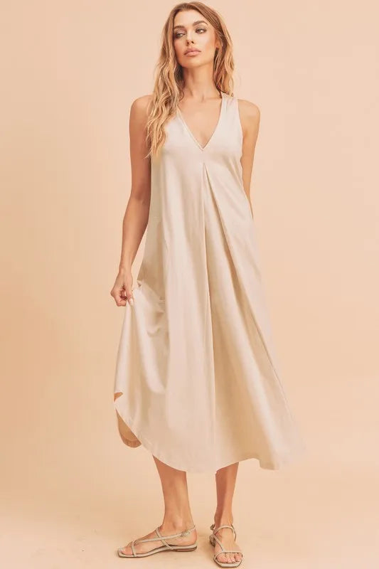 Aemi + Co Front Pleat Detail V-Neck Sleeveless Midi Dress - Brittney MADE