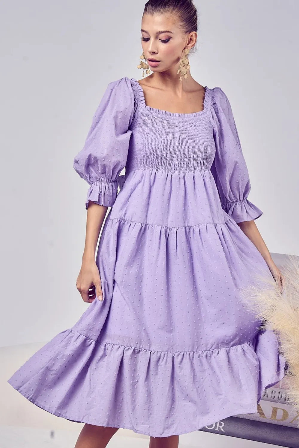 BiBi Swiss Dot Flounce Sleeve Smocked Tiered Midi Dress - Brittney MADE