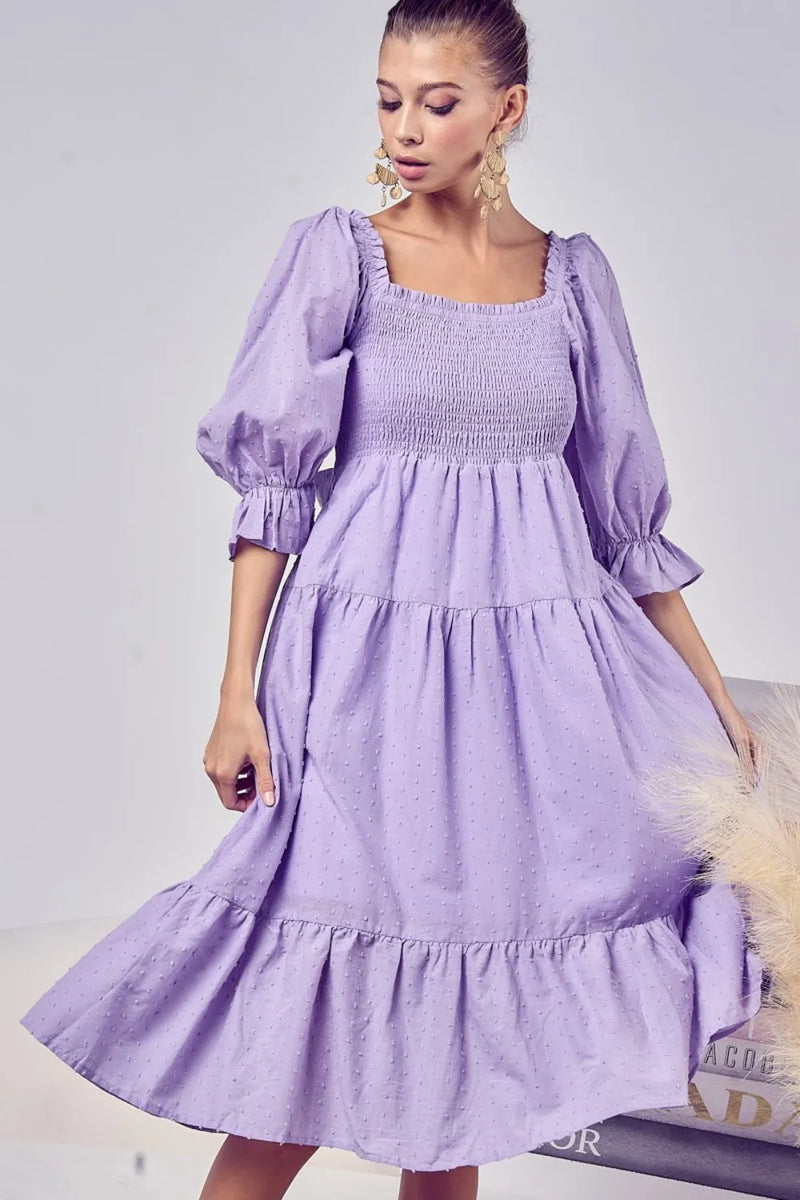 BiBi Swiss Dot Flounce Sleeve Smocked Tiered Midi Dress - Brittney MADE