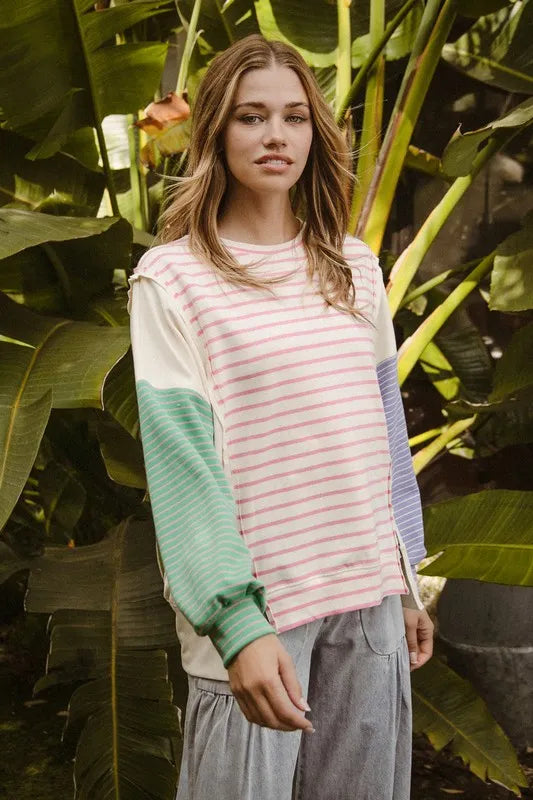 BiBi Exposed Seam Slit Striped Round Neck T-Shirt - Brittney MADE