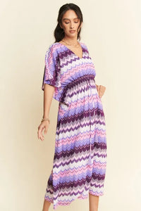 Davi & Dani Multi Color Wavy Tie Waist Flowy Sleeve Dress - Brittney MADE