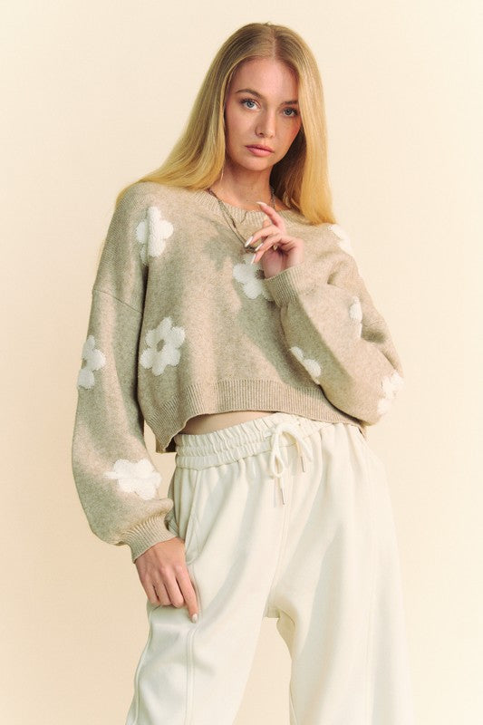 Davi & Dani Floral Drop Shoulder Cropped Sweater - Brittney MADE