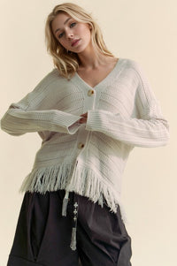 Davi & Dani Fringe V-Neck Button Up Long Sleeve Cardigan - Brittney MADE