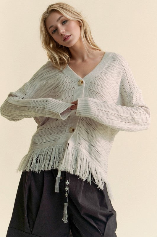 Davi & Dani Fringe V-Neck Button Up Long Sleeve Cardigan - Brittney MADE