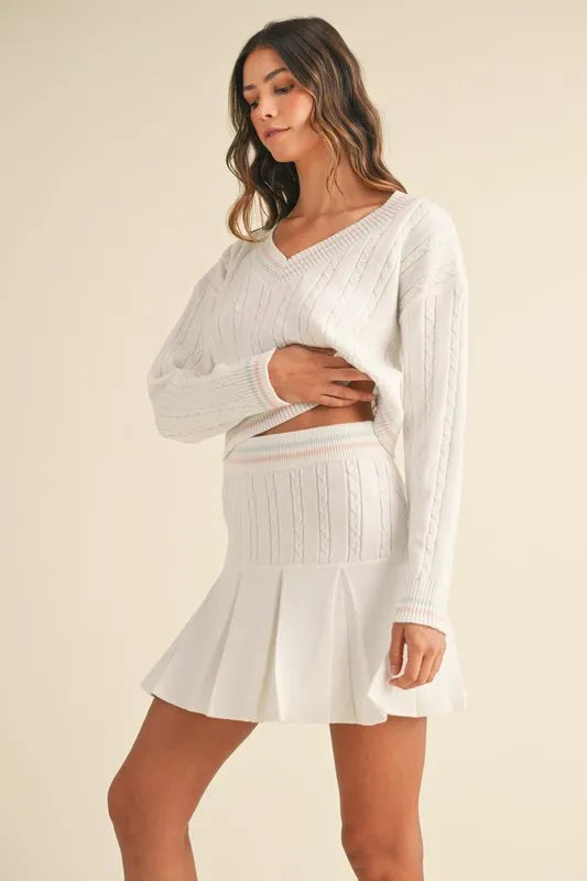 MABLE V-Neck Varsity Crop Knit Sweater and Skirt Set - Brittney MADE
