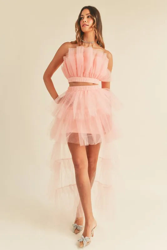 MABLE Tulle Tube Ruffle Crop Top and High Low Maxi Skirt Set - Brittney MADE