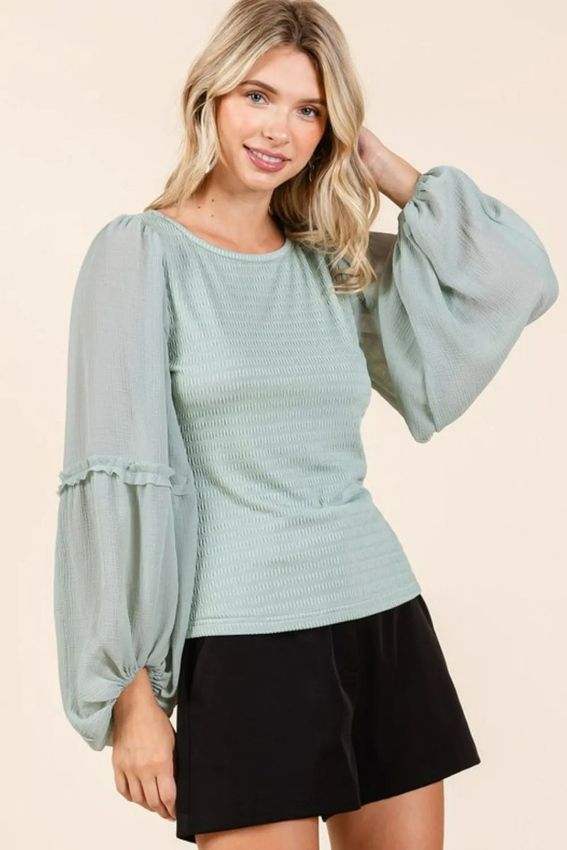 Mittoshop Mixed Media Textured Knit Chiffon Long Sleeve Top - Brittney MADE