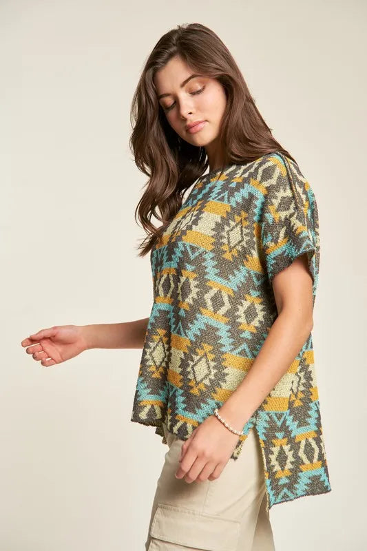 Davi & Dani High-Low Geometric Round Neck Knit Top - Brittney MADE