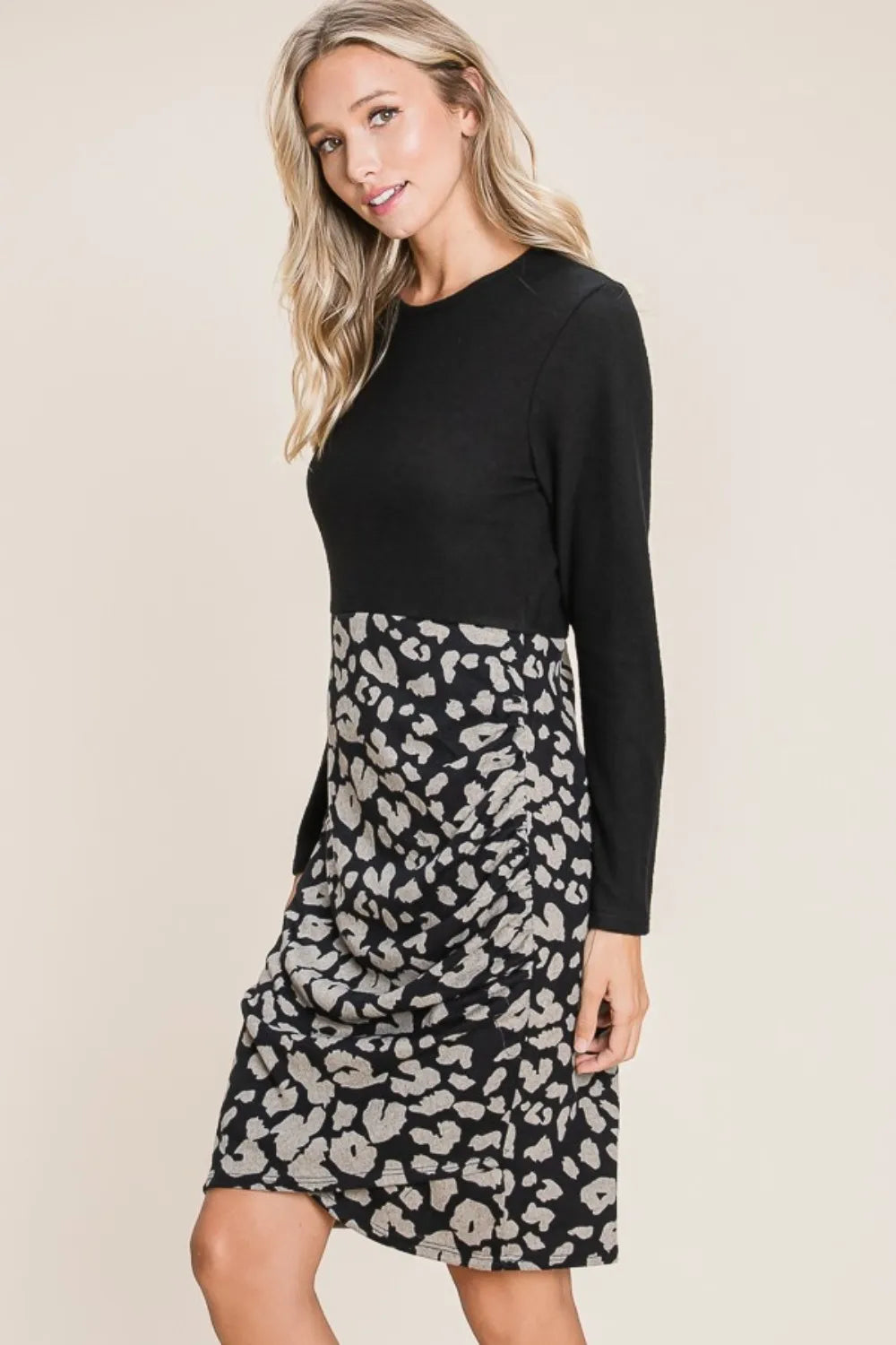 BOMBOM Leopard Color Block Knit Dress - Brittney MADE