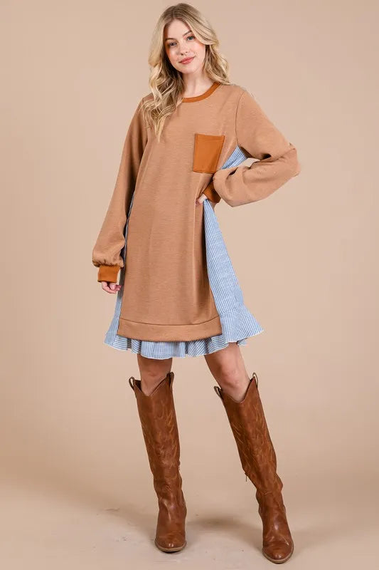 Ces Femme Striped Patchwork Round Neck Terry Sweatshirt Dress - Brittney MADE