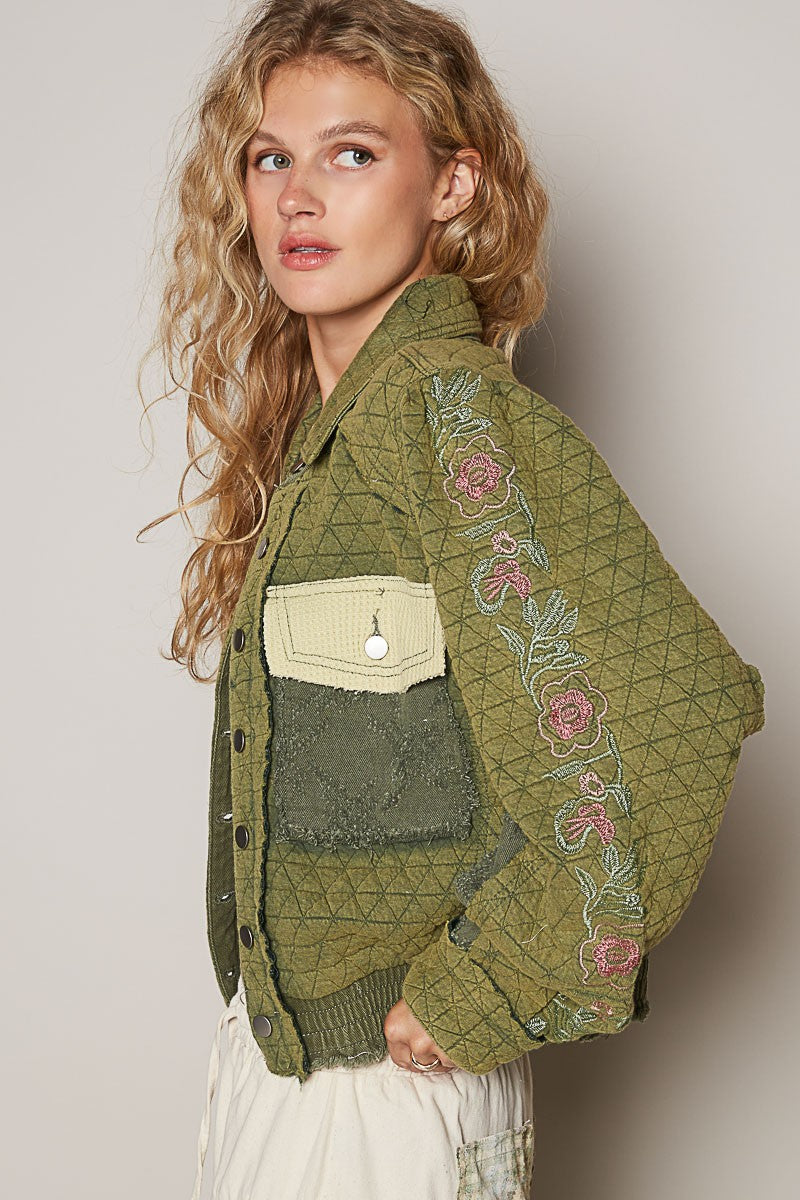 POL Embroidered Sleeve Raw Edge Quilted Jacket - Brittney MADE