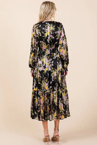 Mittoshop Flower Print Satin Lurex Stripe Smocked Midi Dress - Brittney MADE