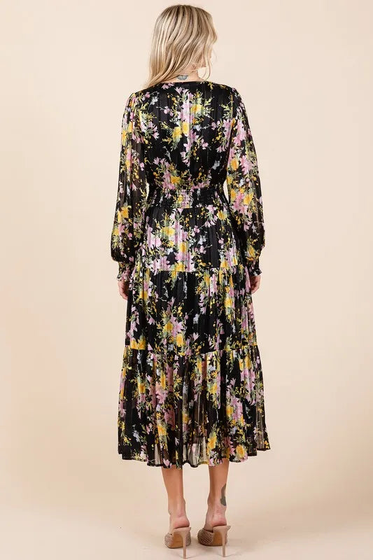 Mittoshop Flower Print Satin Lurex Stripe Smocked Midi Dress - Brittney MADE