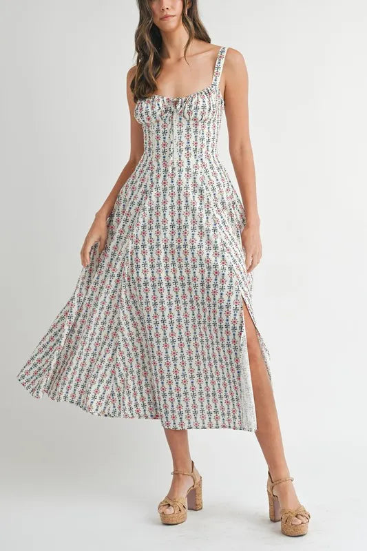 MABLE Floral Print Bustier Back Lace Up Midi Dress - Brittney MADE
