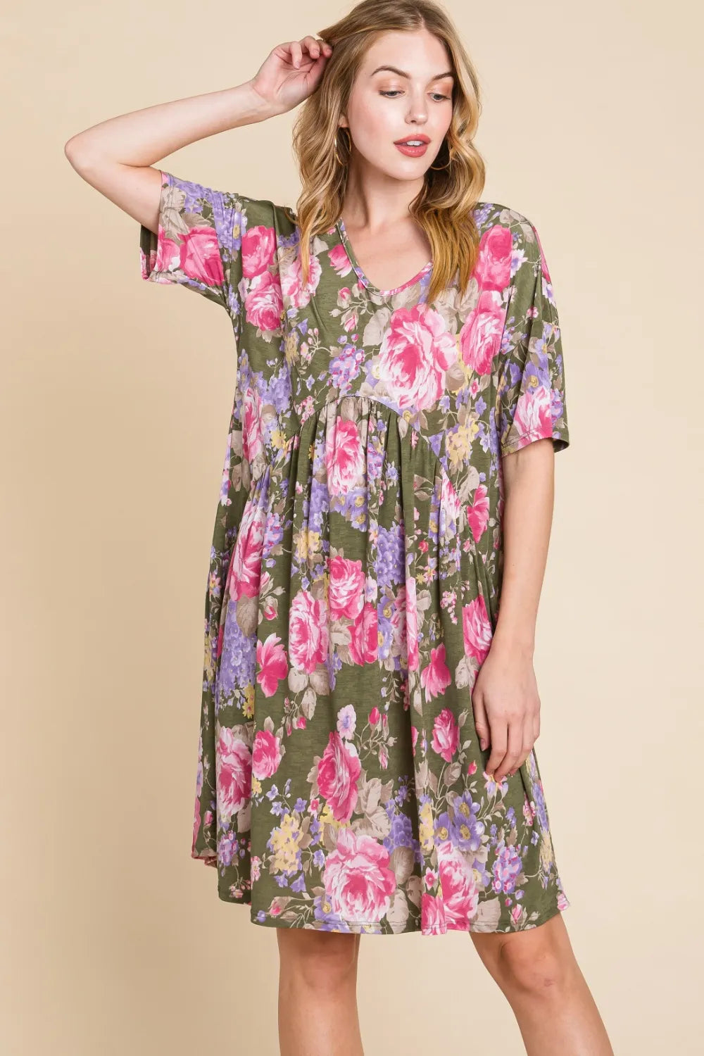 BOMBOM Flower Print V-Neck Ruched Dress - Brittney MADE