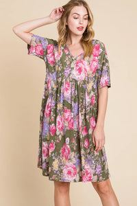 BOMBOM Flower Print V-Neck Ruched Dress - Brittney MADE