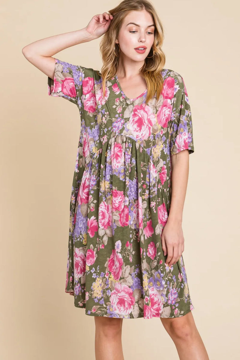 BOMBOM Flower Print V-Neck Ruched Dress - Brittney MADE