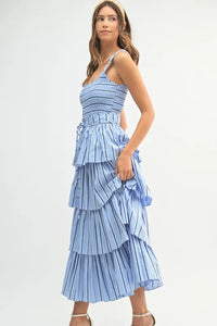 MABLE Pin Stripe Smocked Bodice Layered Midi Dress - Brittney MADE