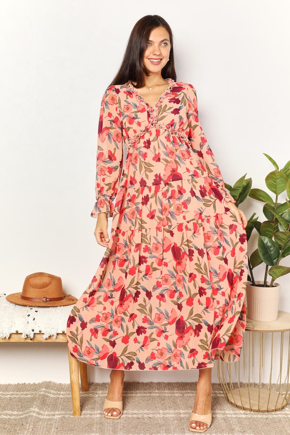 Double Take Floral Frill Trim Flounce Sleeve Plunge Maxi Dress - Brittney MADE