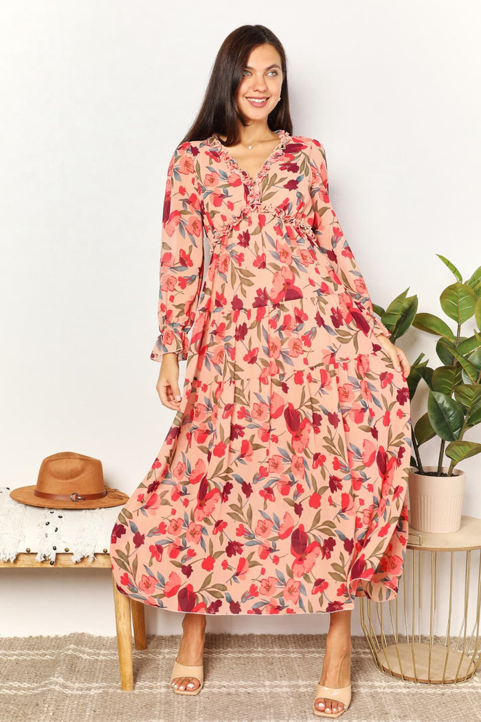 Double Take Floral Frill Trim Flounce Sleeve Plunge Maxi Dress - Brittney MADE