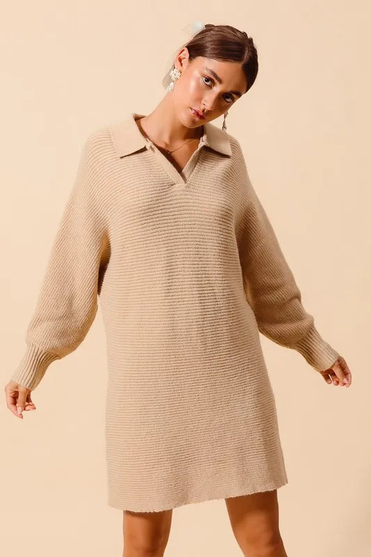 SO ME Ribbed Knit Collar Neck Dress - Brittney MADE