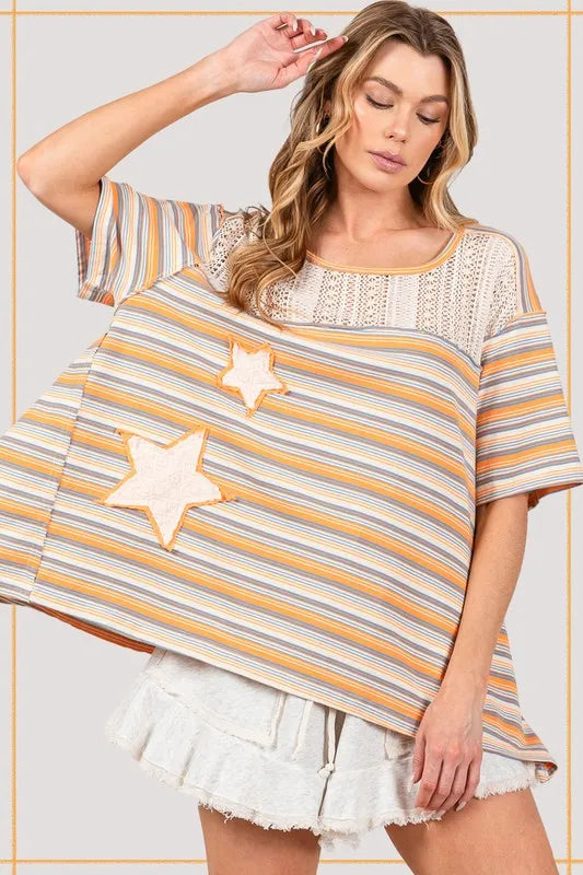 SAGE+FIG Accent Striped with Star Applique T-Shirt - Brittney MADE