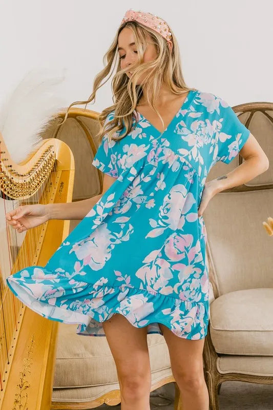 BiBi Floral Crinkle Shirred Ruffle Detail V Neck Dress - Brittney MADE