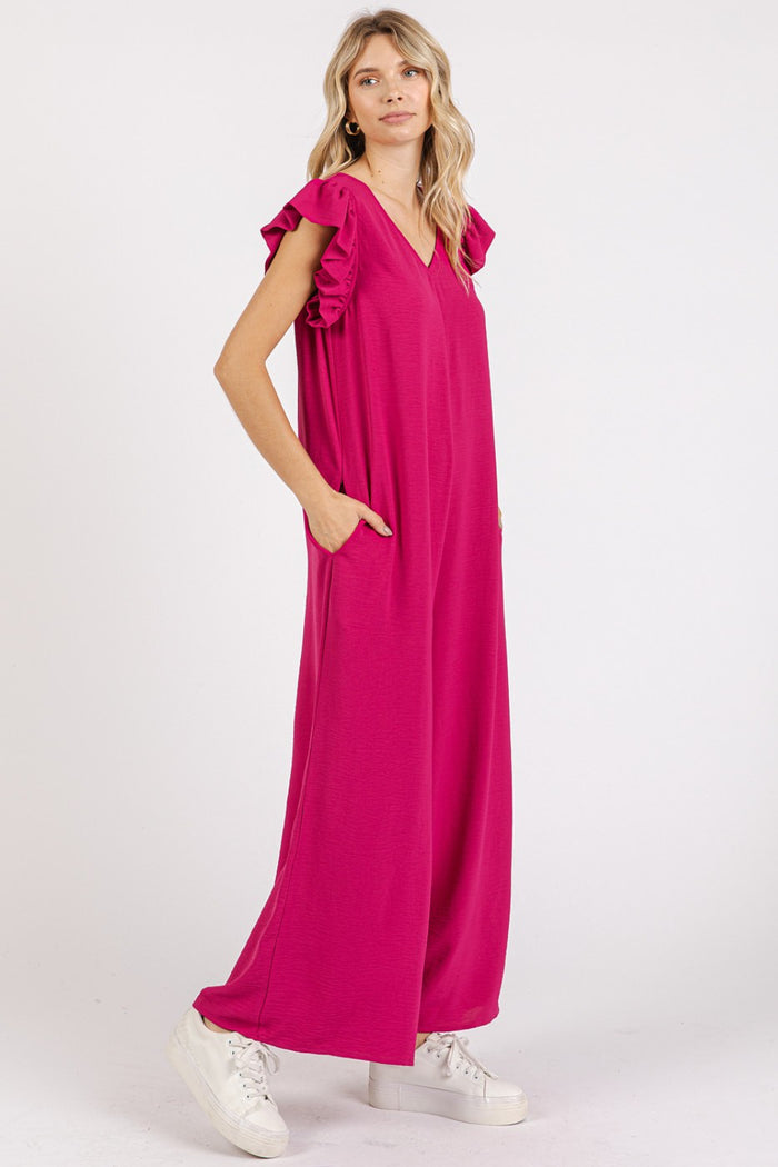 Mittoshop V-Neck Ruffled Cap Sleeve Wide Leg Jumpsuit - Brittney MADE