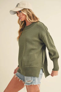 Aemi+Co Ribbed Hem Side Slit Round Neck Sweater - Brittney MADE