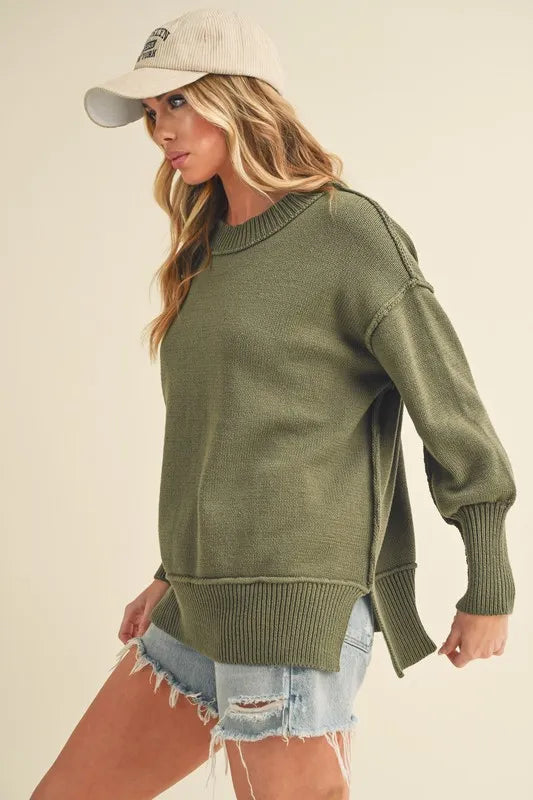 Aemi+Co Ribbed Hem Side Slit Round Neck Sweater - Brittney MADE