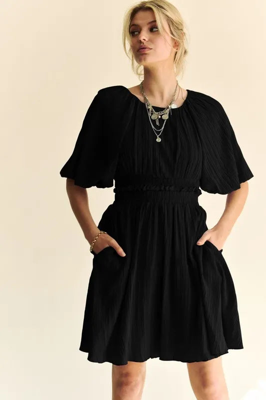 Davi & Dani Back Button Puff Sleeve Mini Dress - Brittney MADE