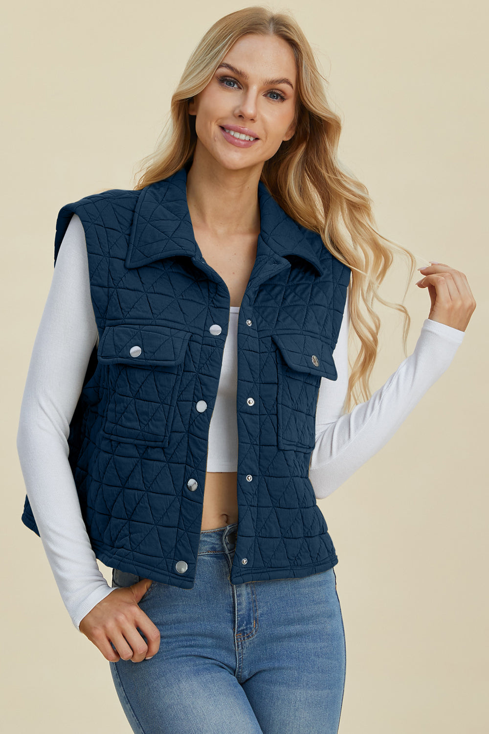 Double Take Full Size Pocketed Texture Snap Down Vest Coat - Brittney MADE