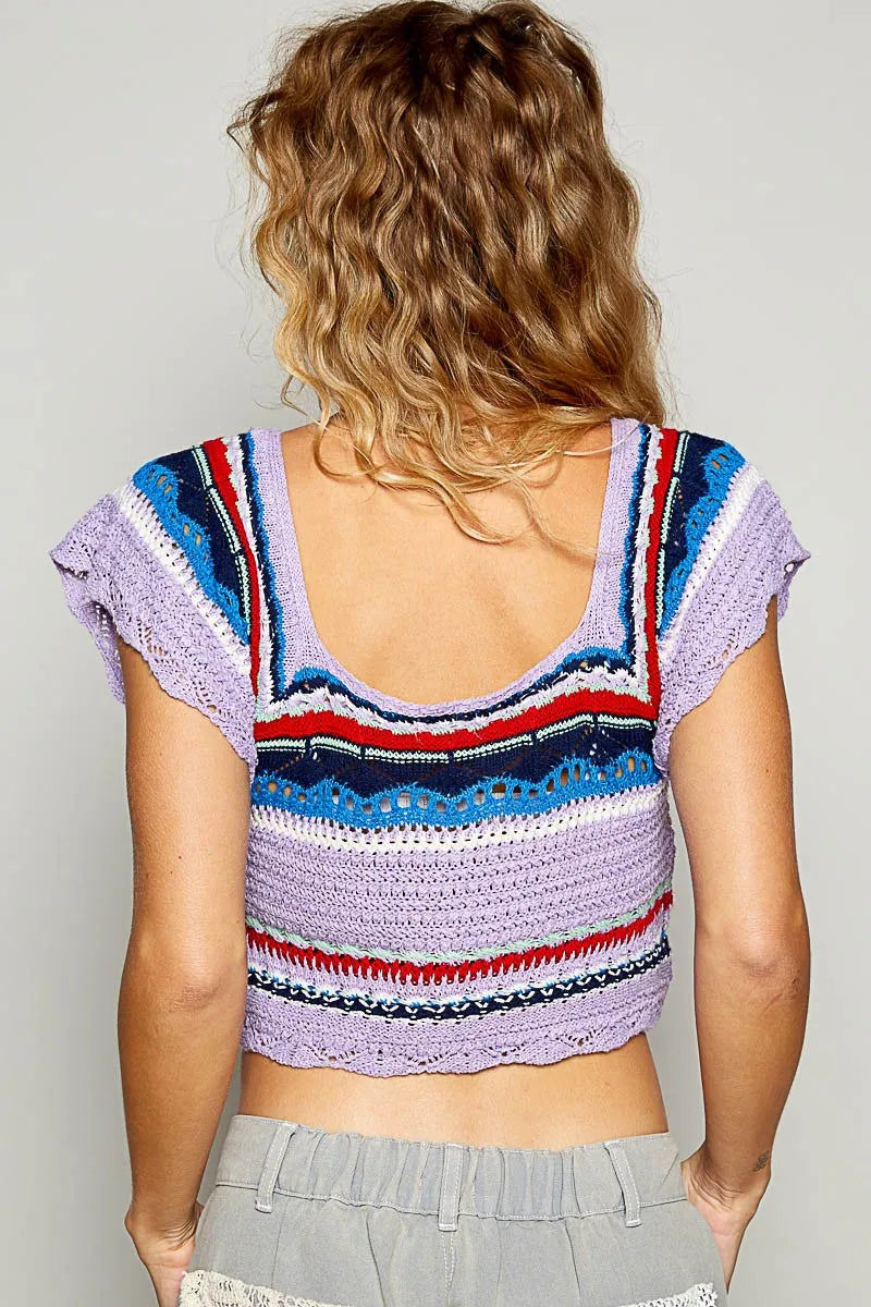 POL Openwork Ethnic Pattern Square Neck Cropped Knit Top - Brittney MADE