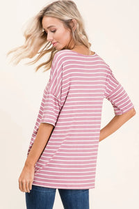 BOMBOM Striped Round Neck Half Sleeve T-Shirt - Brittney MADE