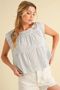 Aemi+Co Ruched Striped Round Neck Sleeveless Top - Brittney MADE