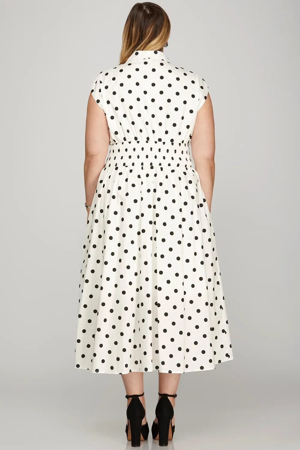 She + Sky Front Zip Polka Dots Cap Sleeve Midi Dress - Brittney MADE