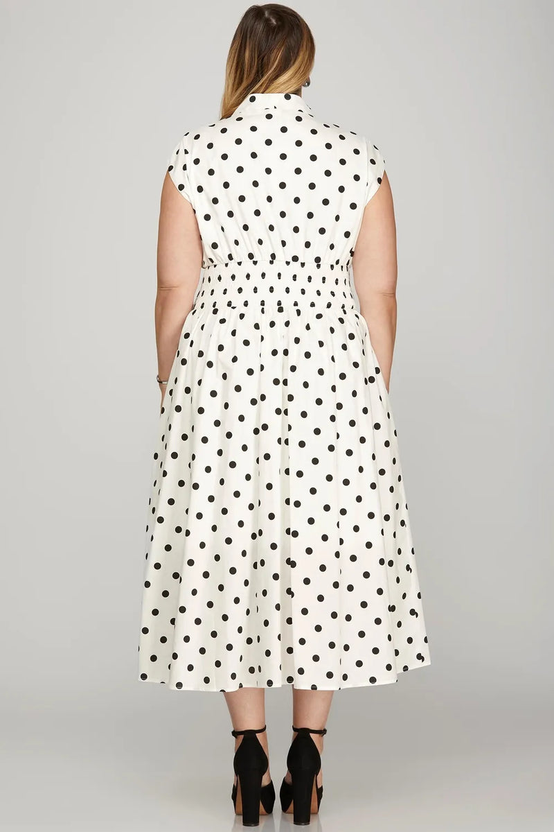She + Sky Front Zip Polka Dots Cap Sleeve Midi Dress - Brittney MADE